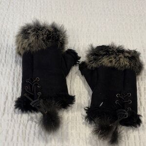Fingerless Gloves with real fur trim & Pom poms